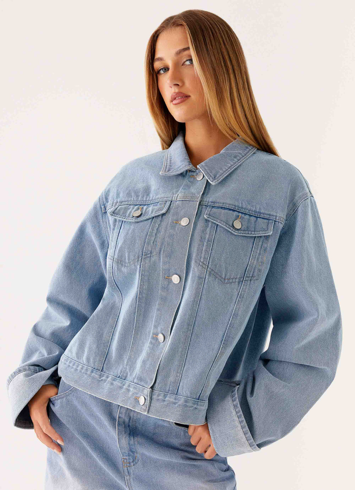 Back Again Oversized Denim Jacket - Light Wash Blue
