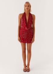 Olisa Cowl Neck Beaded Mini Dress - Red